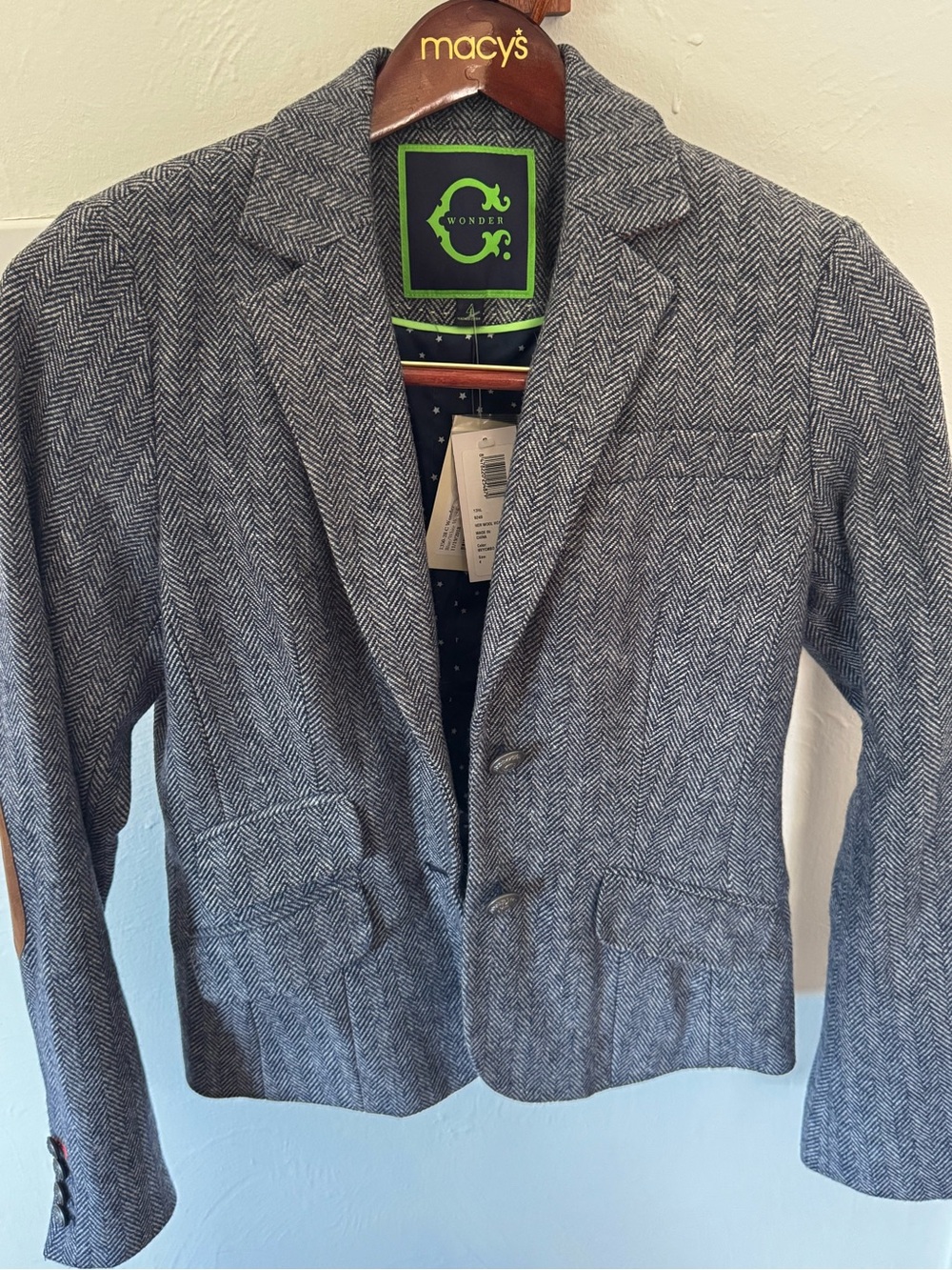 Gray Herringbone blazer with suede elbow patches
